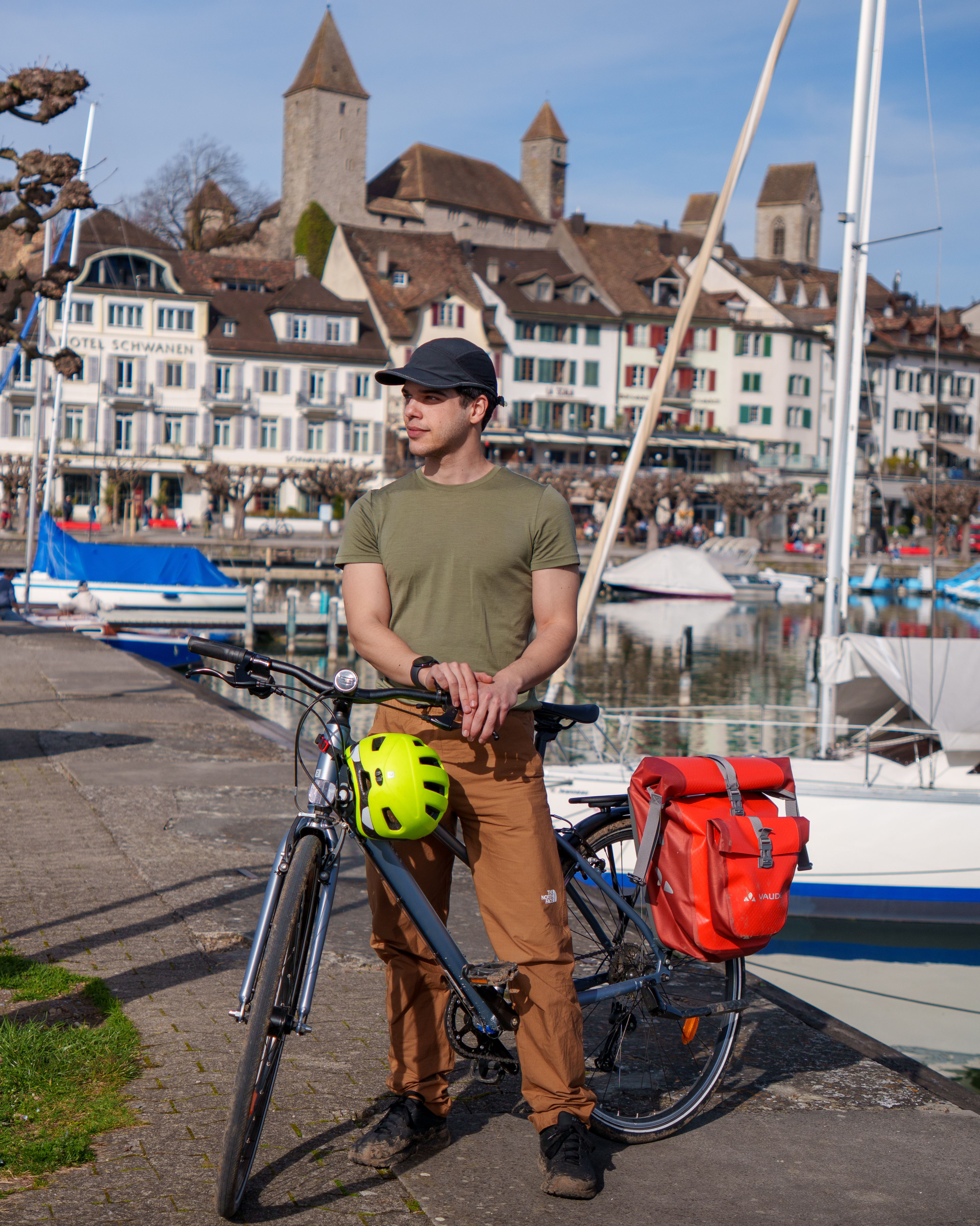 Posing after a ride from Zurich to Rapperswil-Jona. The muddy shoes come courtesy of a stop to photograph grey heron nests and, unexpectedly, wild deer.